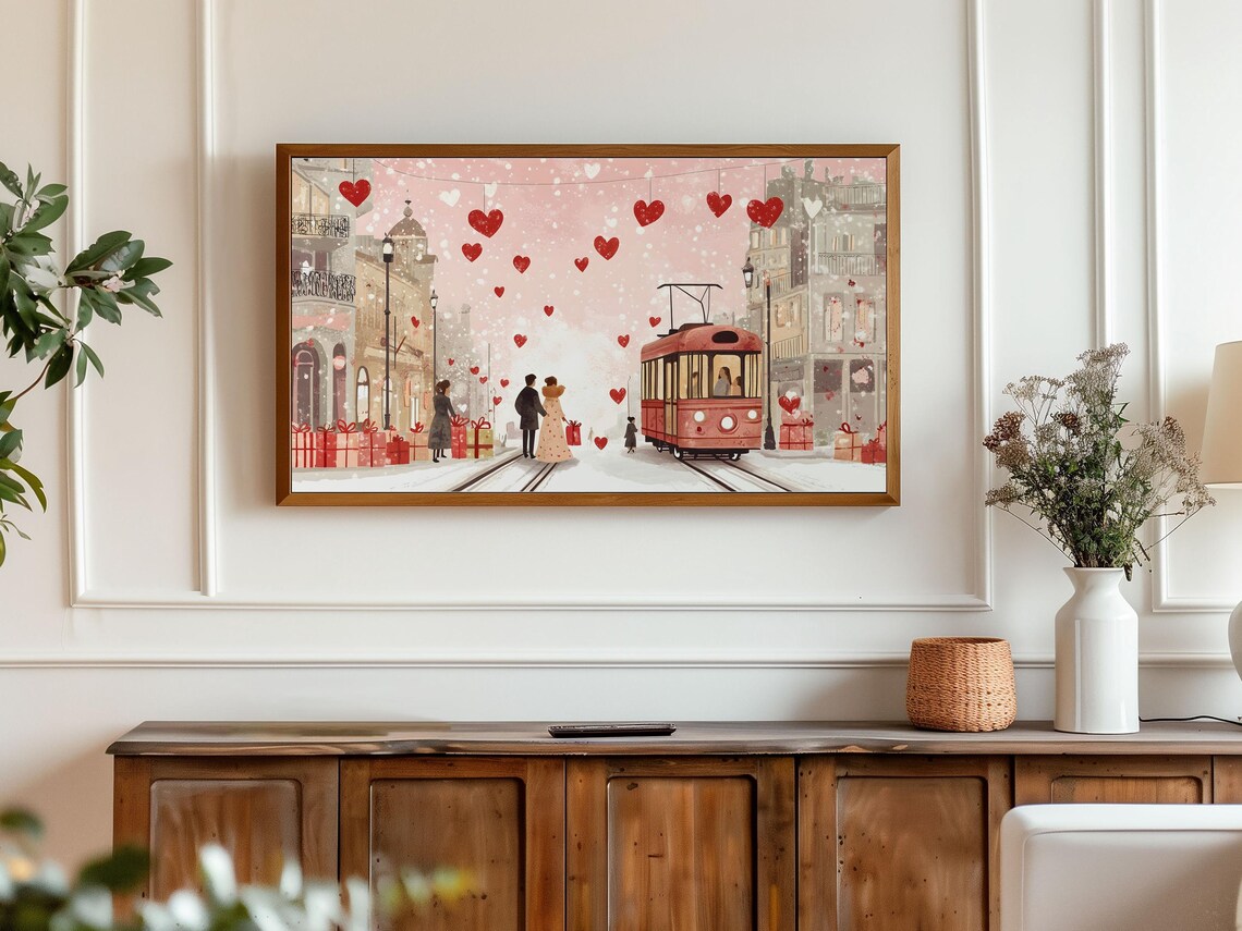 Valentine Snowy Pink Street Red Tram Gifts Hanging Hearts Poster - Image 6