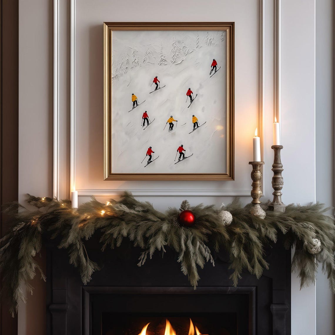 Minimalist Skiers Red Yellow Jackets White Slope Impasto Art Poster - Image 6