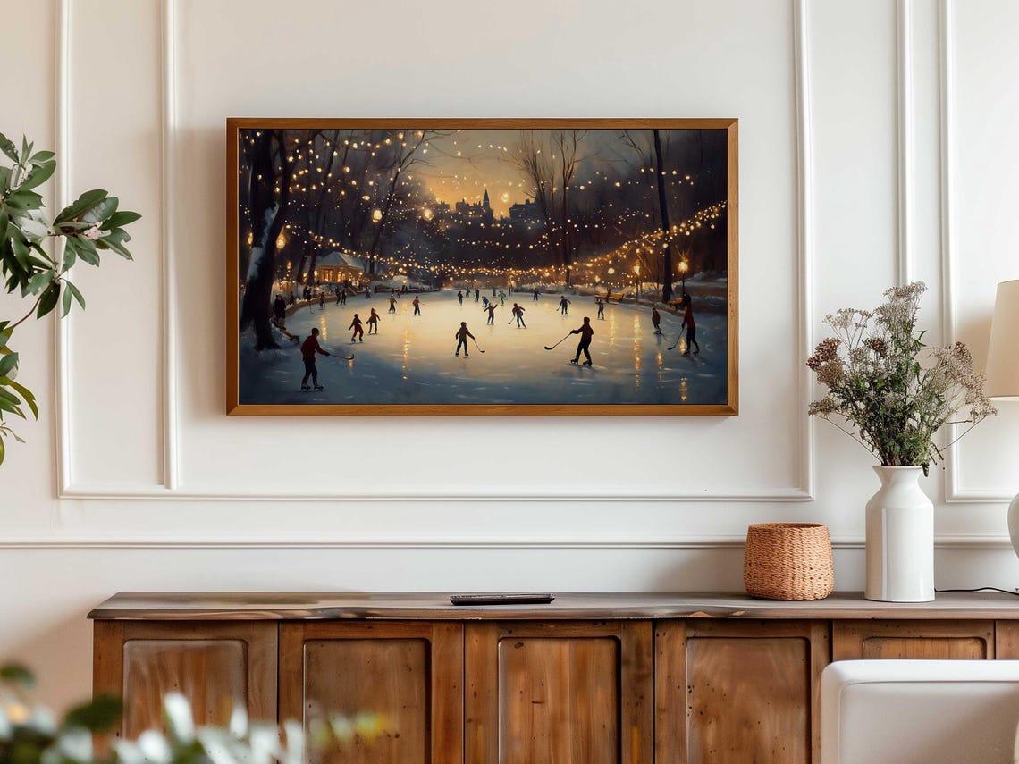 Ice Skaters On Rink Under Glowing String Lights At Night Winter Poster - Image 6