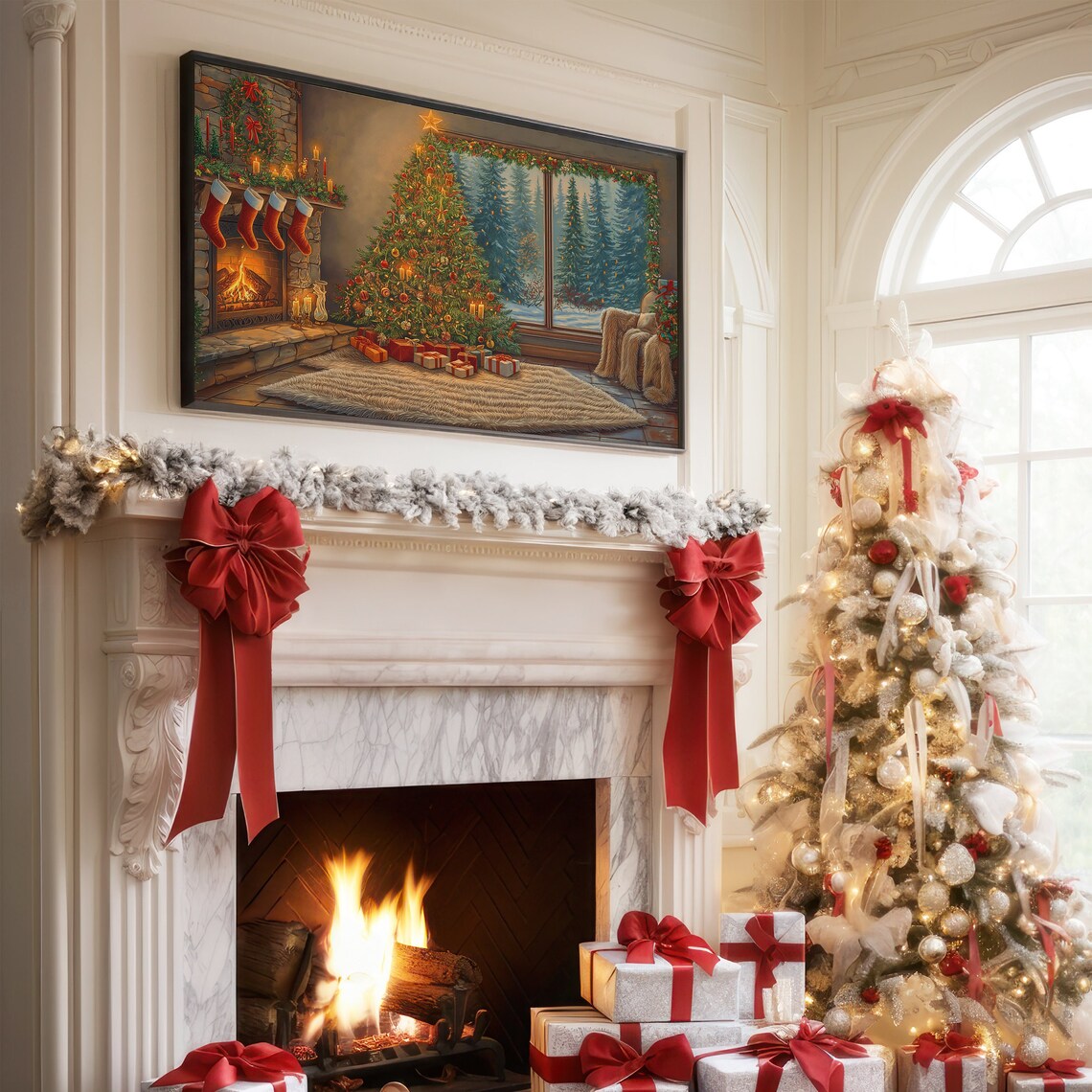 Cozy Christmas Living Room Fireplace Stockings Tree Gifts Wall Art - Image 3