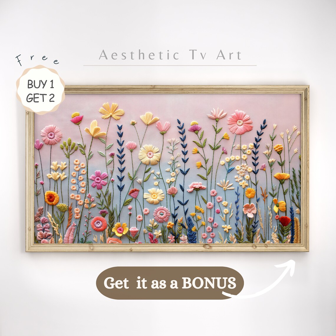 Pink and White Wildflower Field Landscape Soft Pastel Meadow Wall Art - Image 2