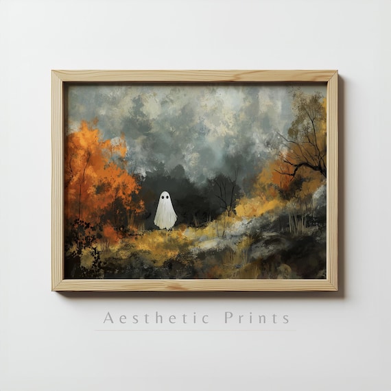 Cute Ghost In Golden Autumn Forest With Misty Fall Foliage Art Poster