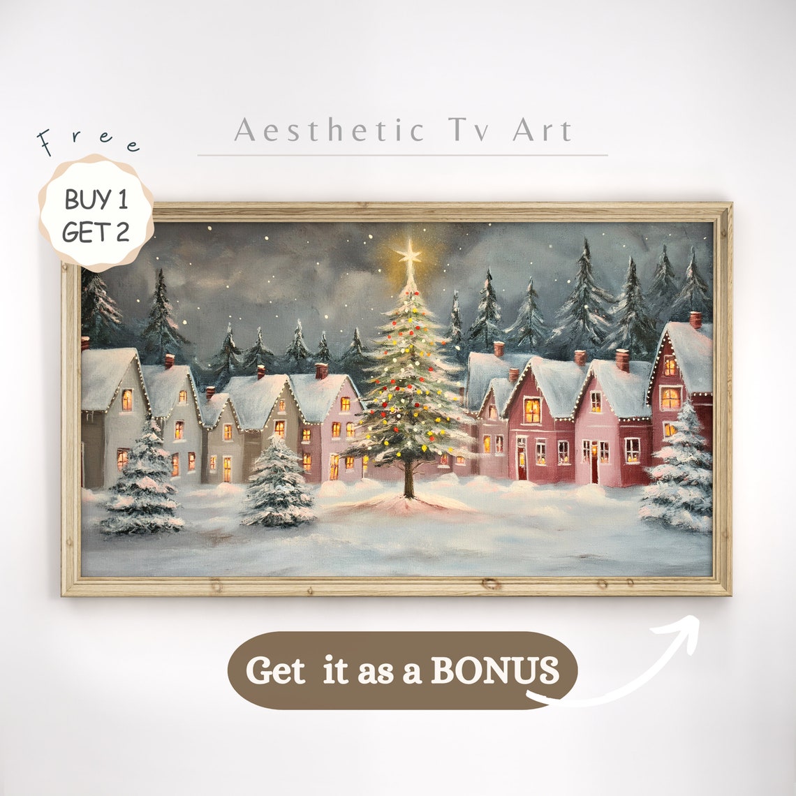 Christmas Frame Tv Art Classic Christmas Village Painting Holiday Houses Winter Snow Art File For Tv Snowy Painting - Image 2