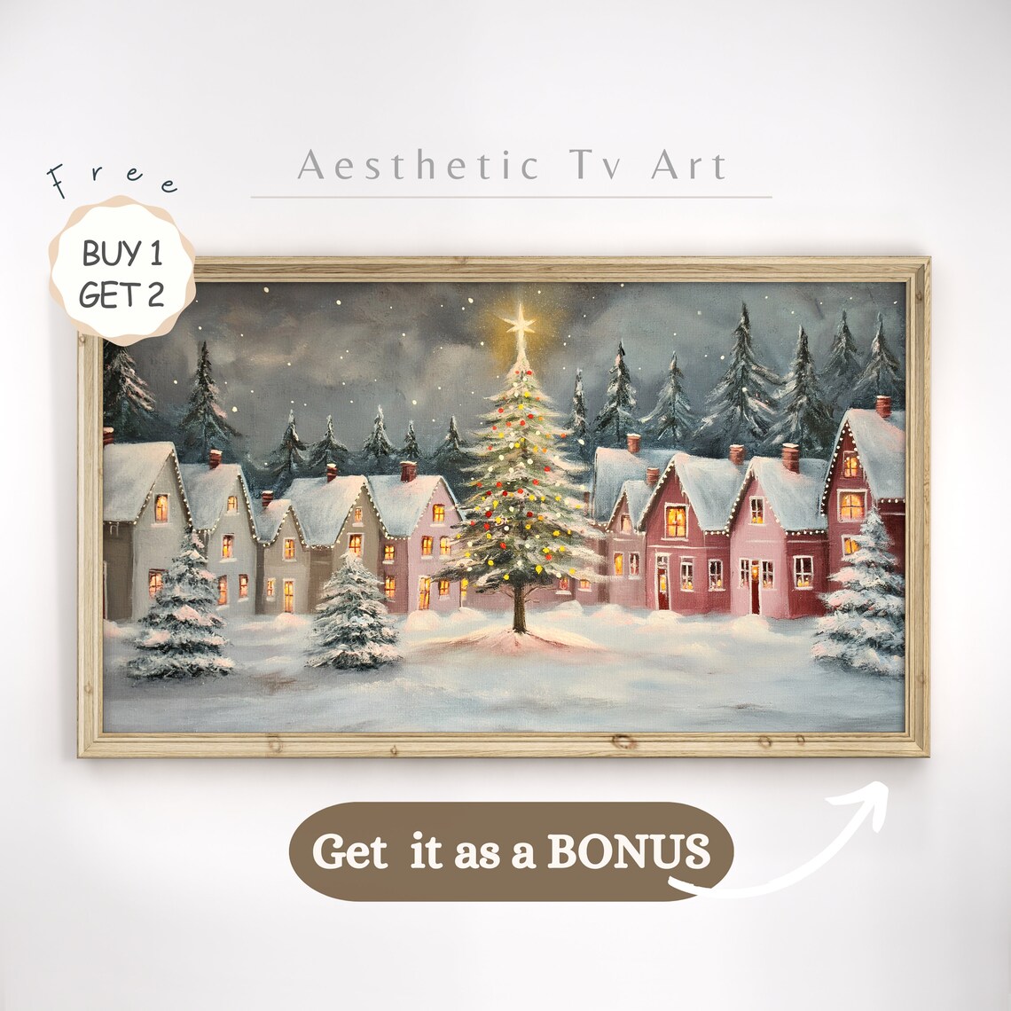 Snowy Christmas Village Row of Houses Falling Snow Cozy Holiday Poster - Image 2