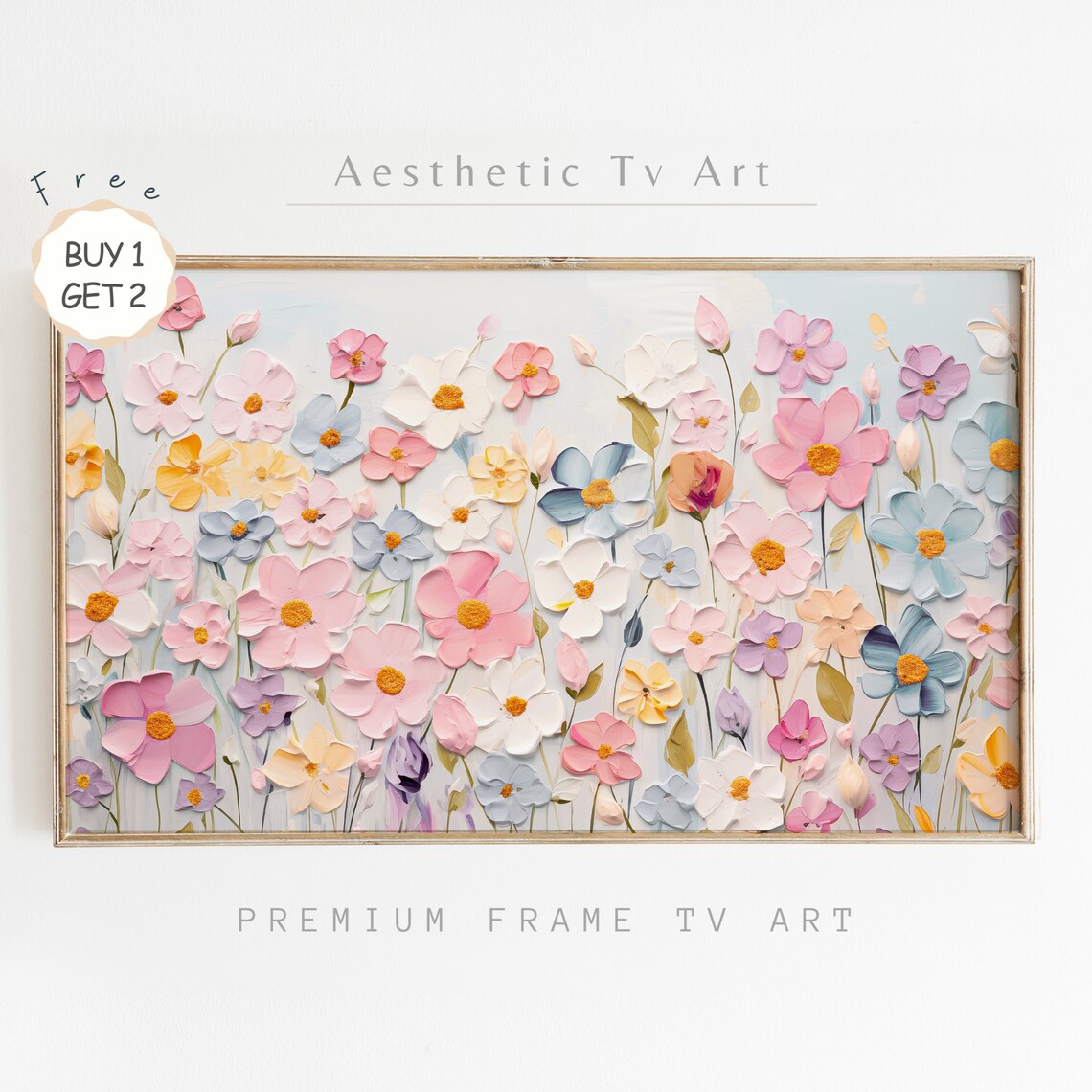 Pastel Cosmos Meadow Impasto Oil Painting Soft Spring Floral TV Poster