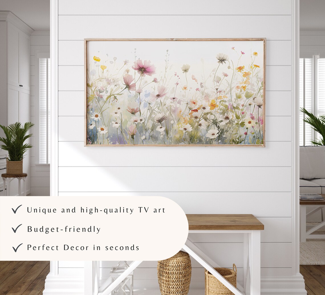Airy Wildflower Meadow Watercolor Pink Cosmos White Daisies Wall Art - Image 3