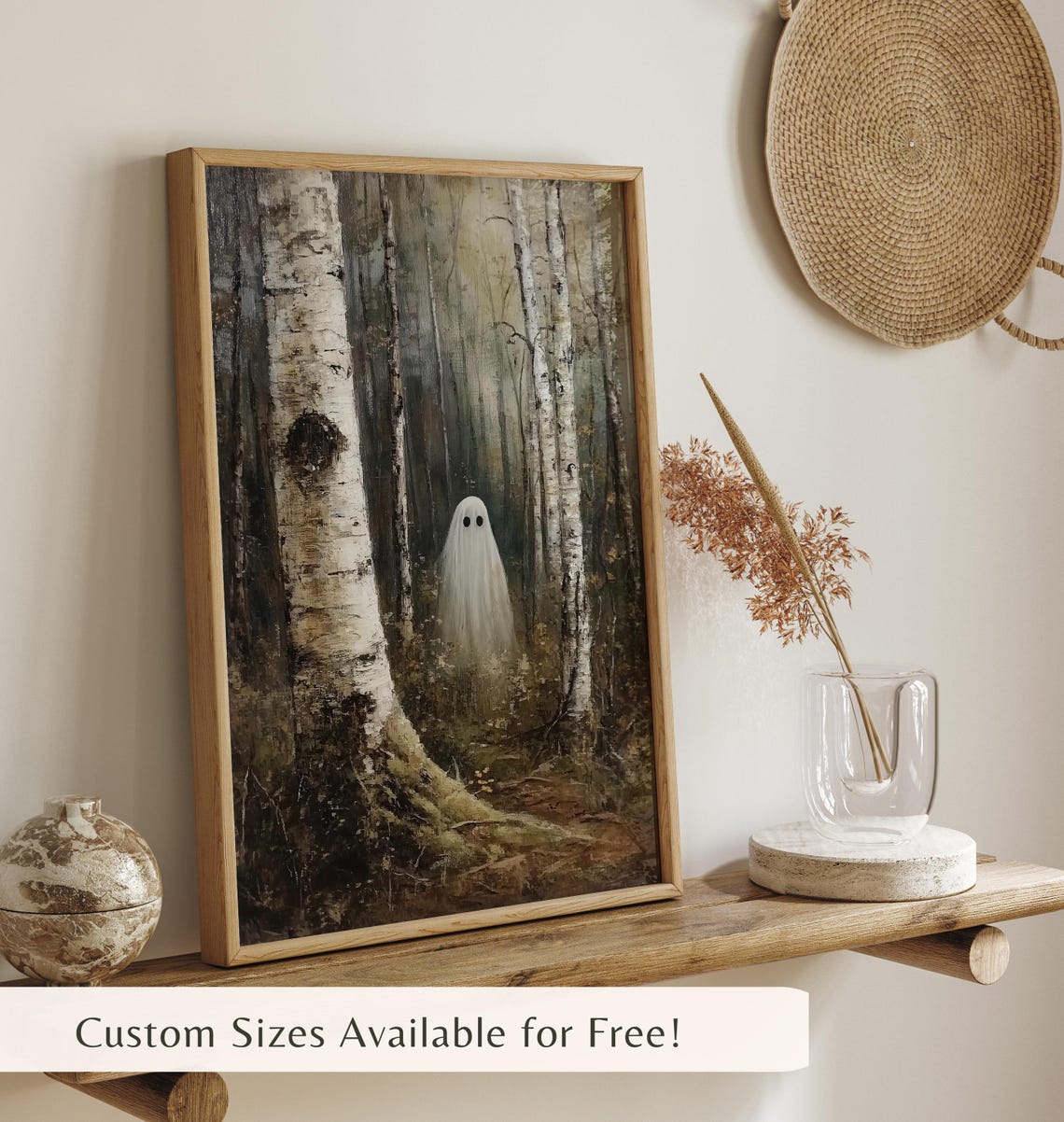 Cute Ghost Among Misty Birch Trees In Autumn Forest Halloween Poster - Image 4