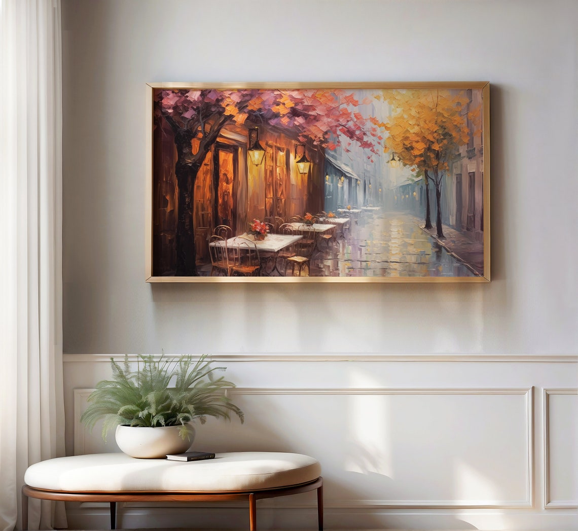 Romantic Rainy European Street Cafe Cherry Blossoms Night Poster - Image 2