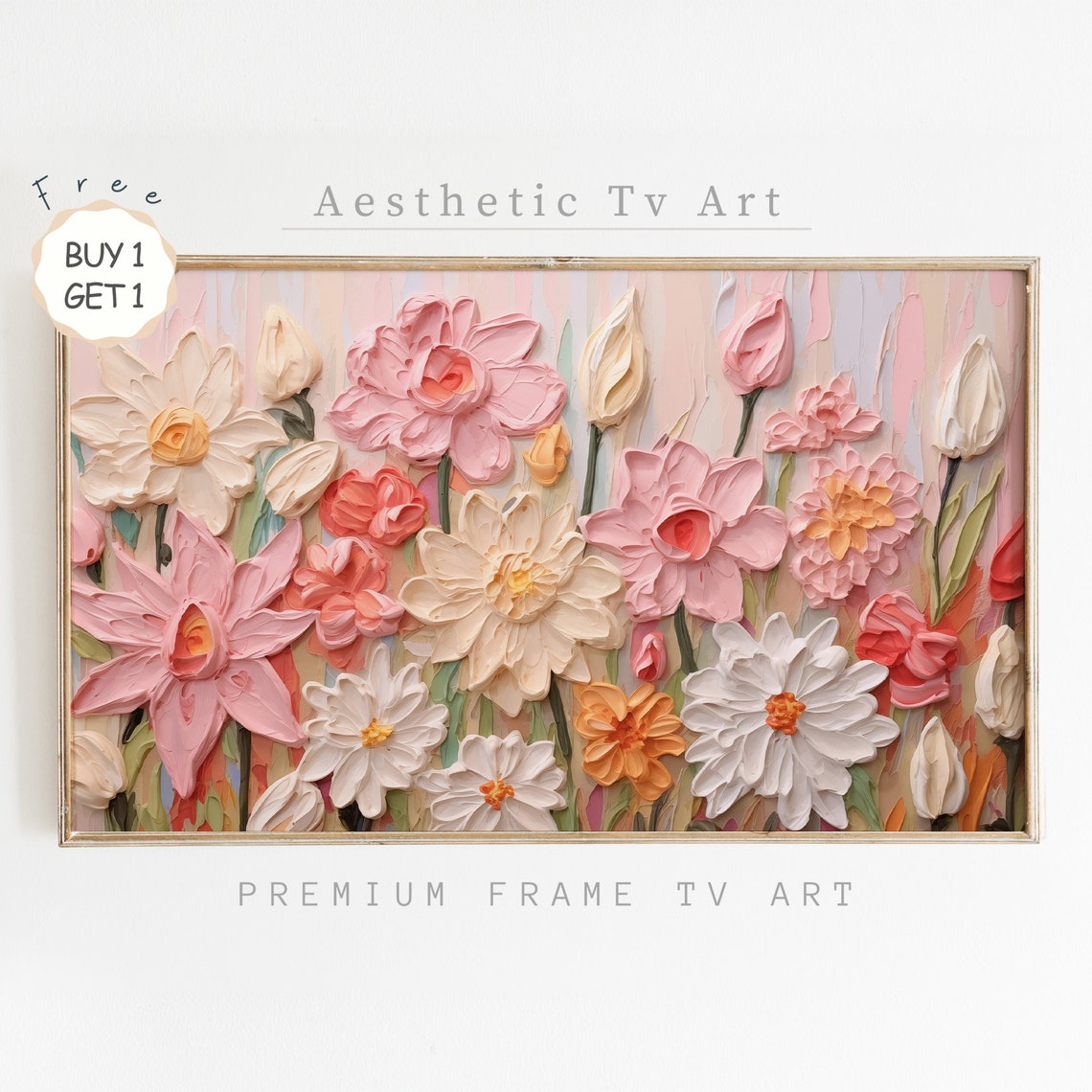 Pastel Impasto Flowers Pink Background Textured Spring Art Poster