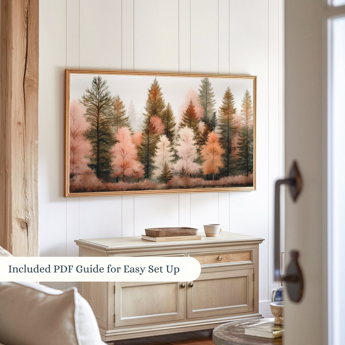 Blush Pink Pine Forest Watercolor Autumn Fall Wall Art Print - Image 3