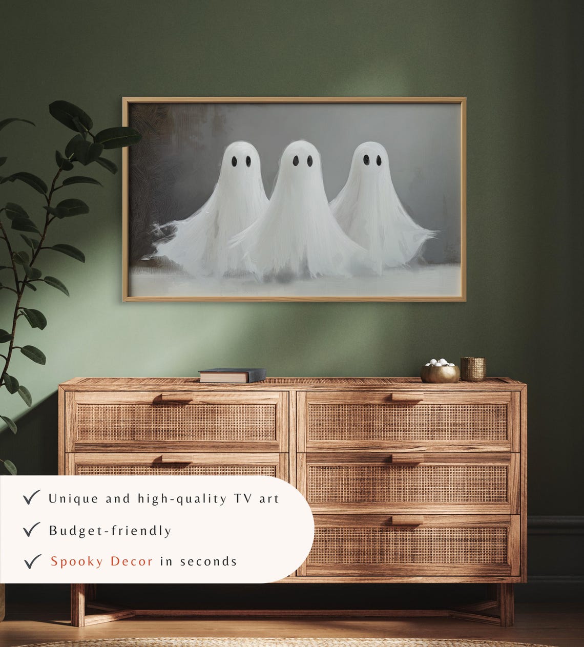 Three Minimalist Cute Ghosts Gray Neutral Halloween TV Art Poster - Image 3