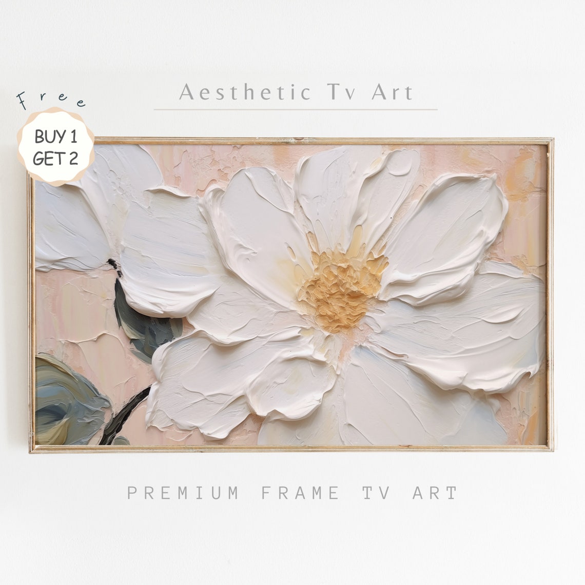 White Flower Close Up Textured Impasto Minimalist Neutral Poster