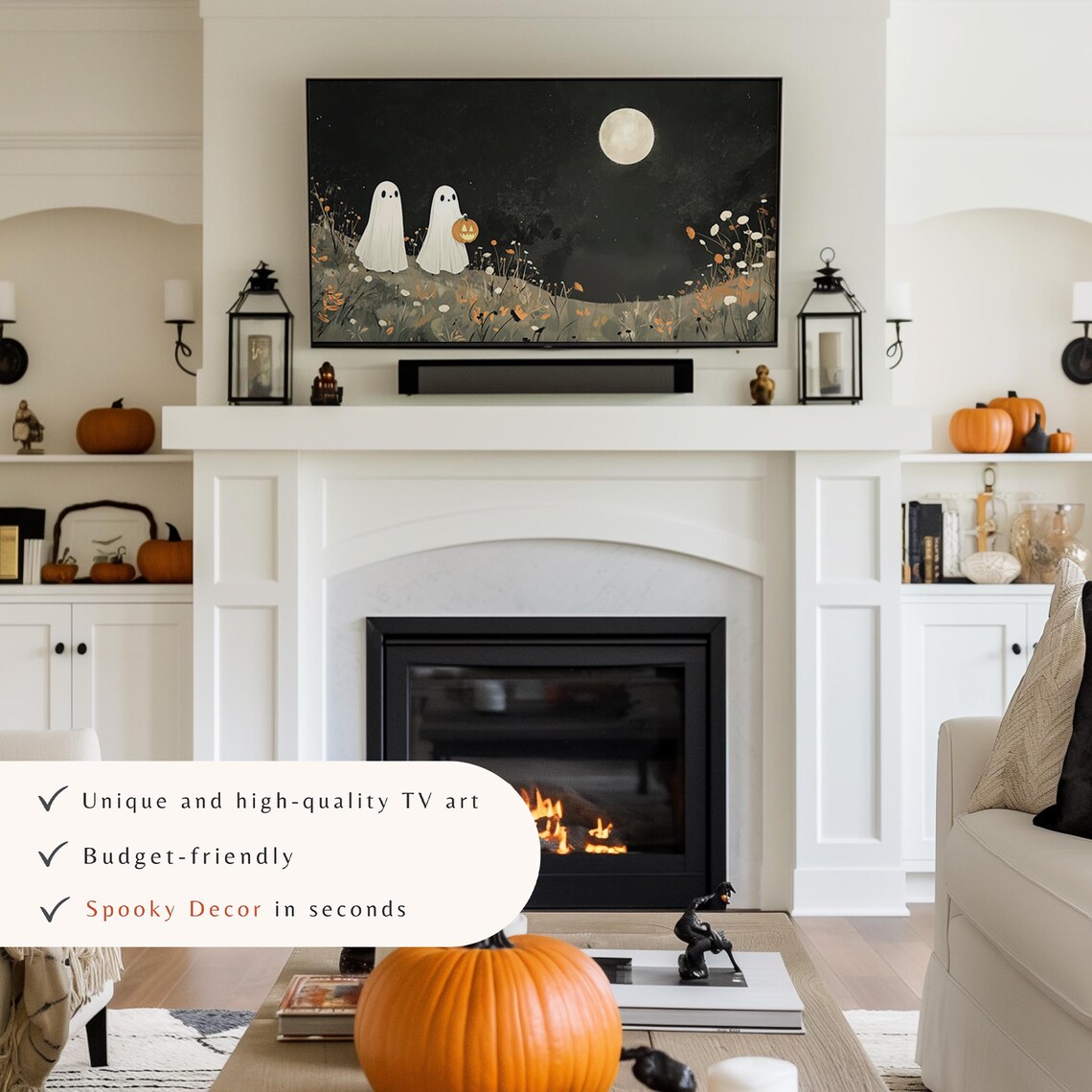 Two Ghosts Under Full Moon with Jack-O-Lantern Night Halloween TV Art - Image 3
