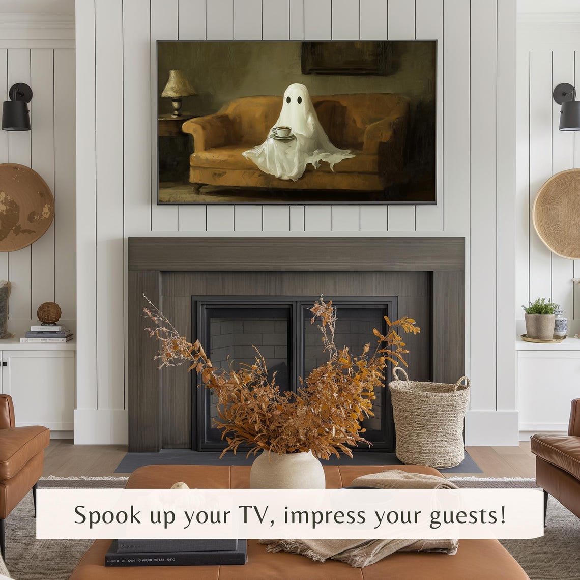 Cute Ghost Drinking Coffee Halloween Frame Tv Art Vintage Ghost Tv Art Spooky Decor For Frame Tv - Image 4