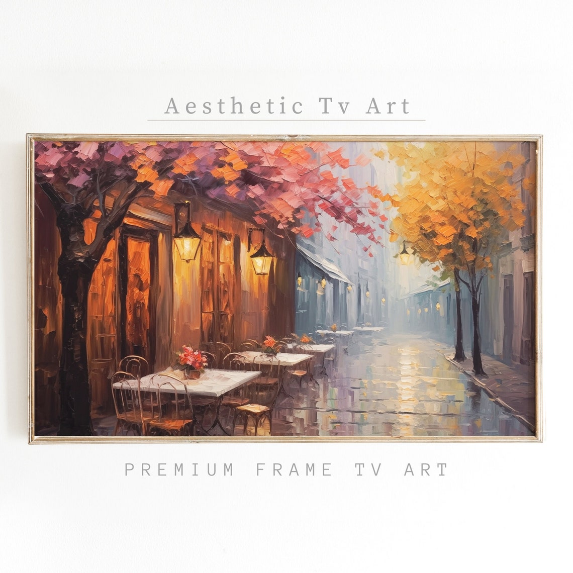 Romantic Rainy European Street Cafe Cherry Blossoms Night Poster