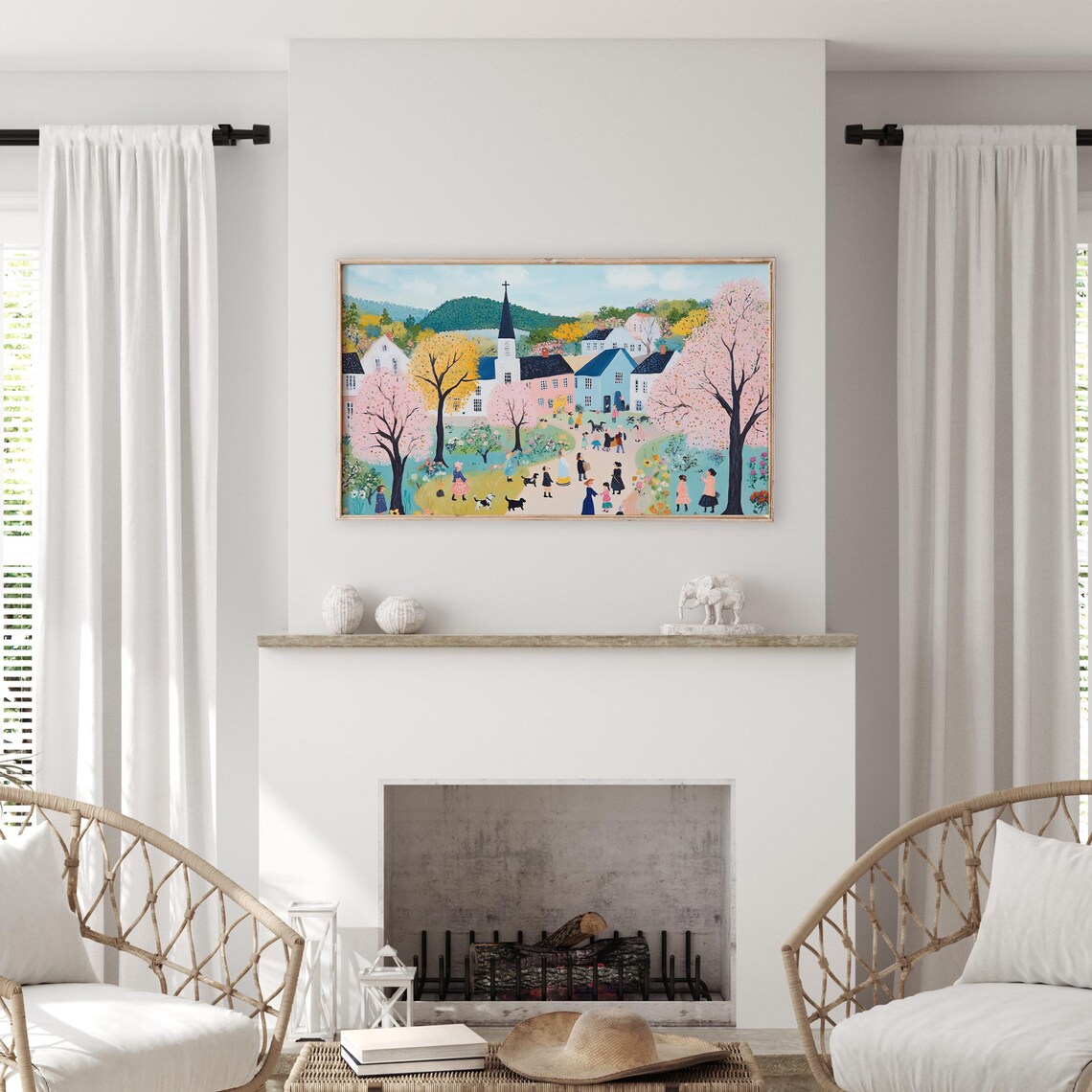 Colorful Spring Village With Church And Blossom Trees Folk Art Poster - Image 3