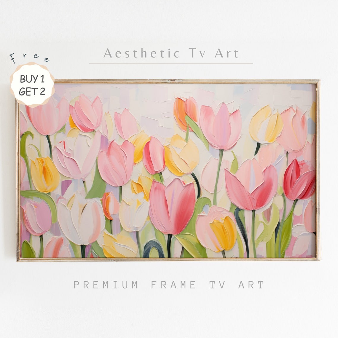 Pink Yellow Impasto Tulips Spring Bloom Textured Flower Art Poster