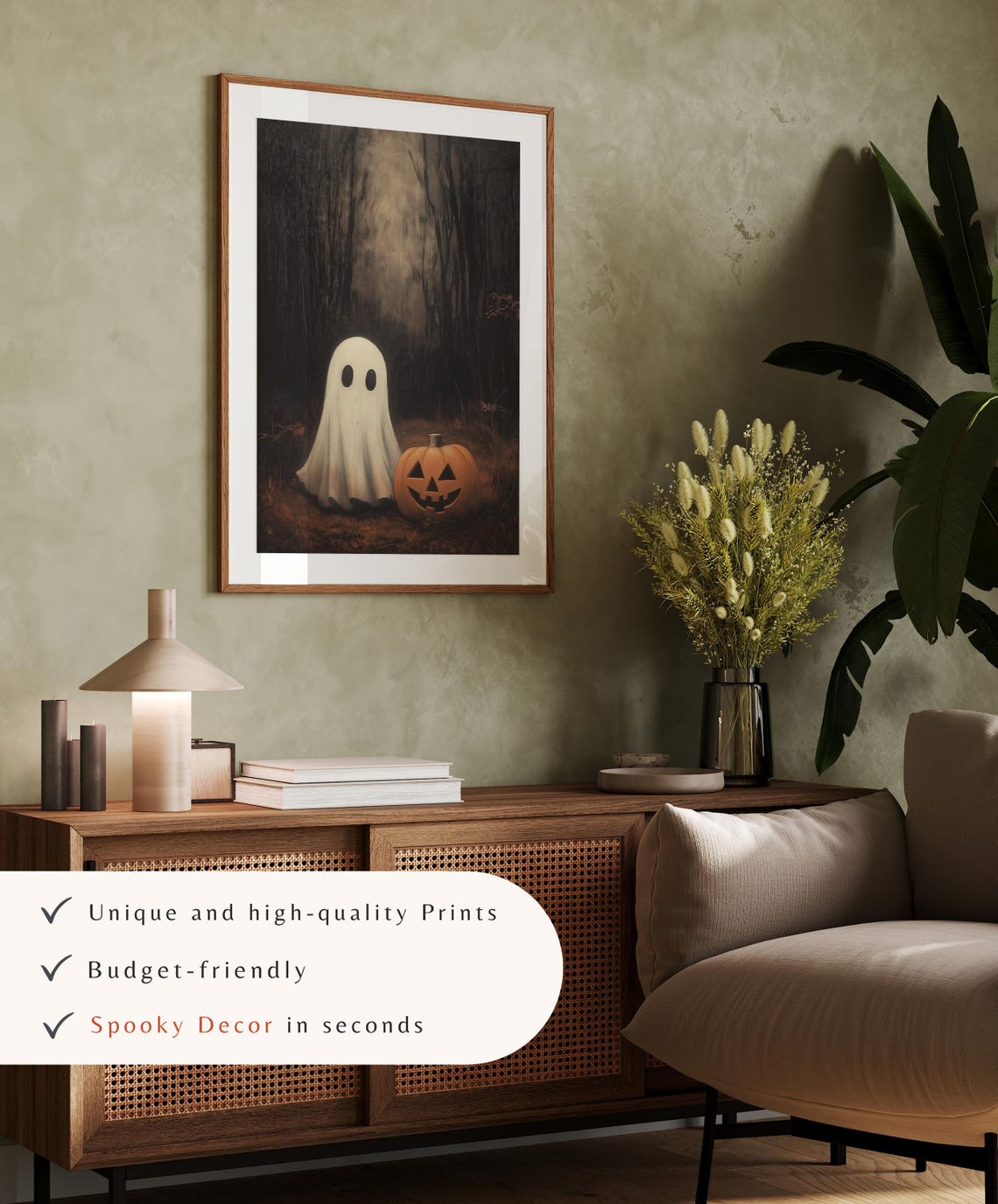 Cute Ghost With Jack O Lantern In Dark Spooky Forest Halloween Poster - Image 4