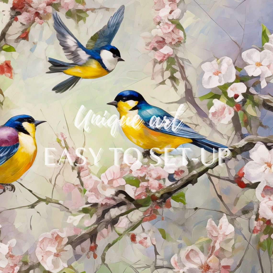Colorful Songbirds Cherry Blossom Branches Spring Nature Wall Art - Image 2