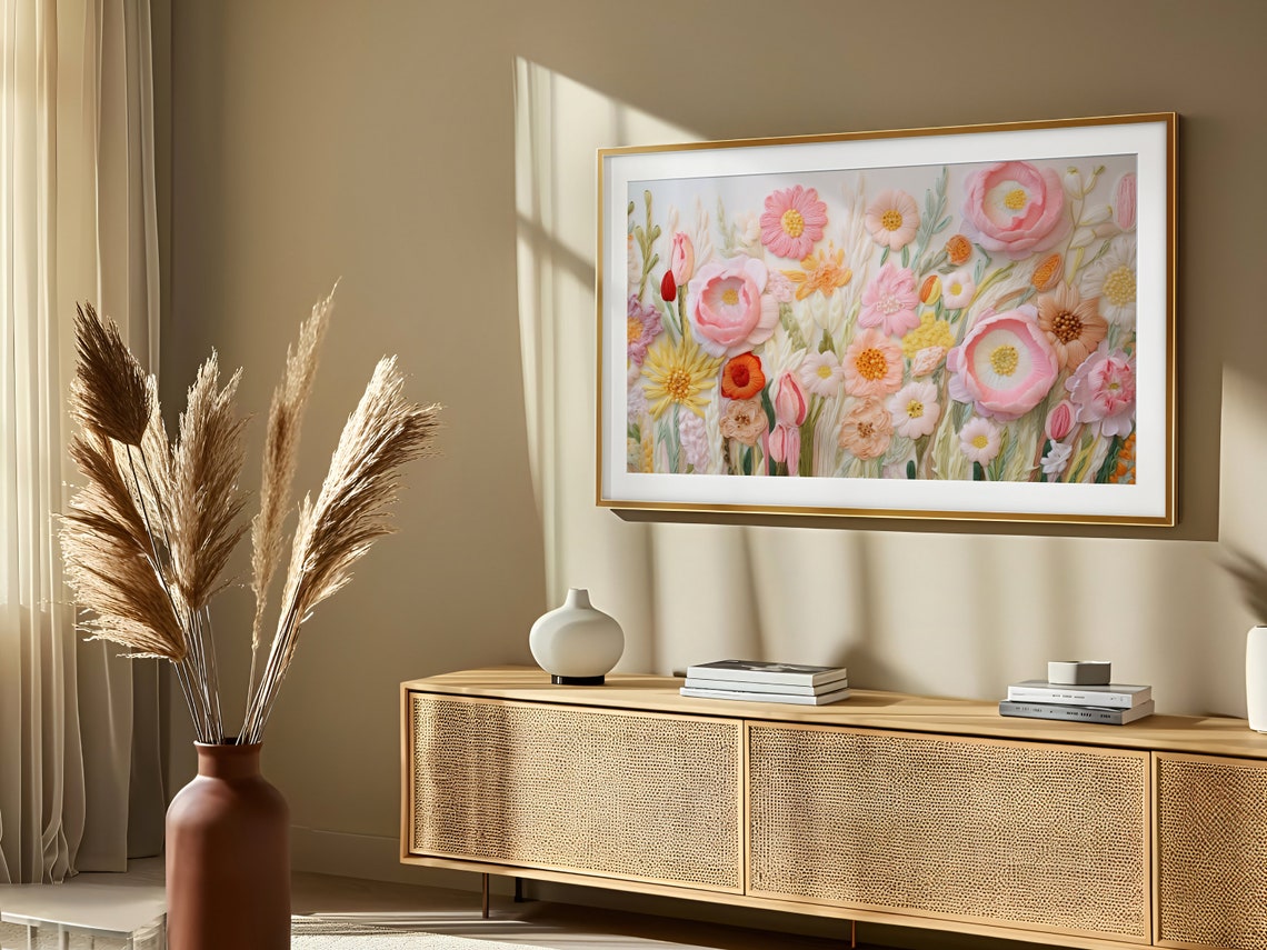 Pink Peach Embroidered Blossoms Textured Spring Flower Art Poster - Image 2
