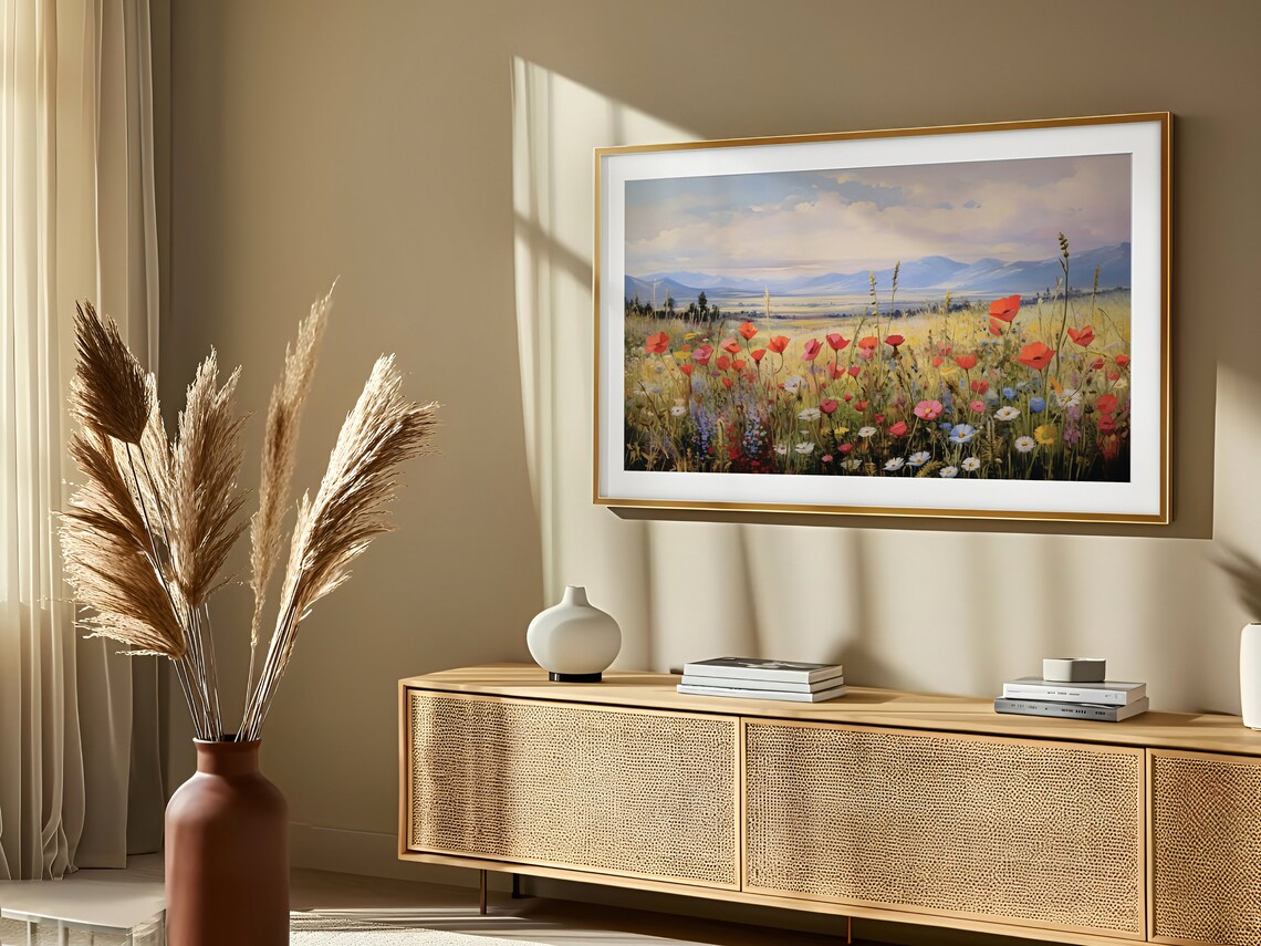 Red Poppy Wildflower Meadow Mountain Landscape Oil Painting Poster - Image 2