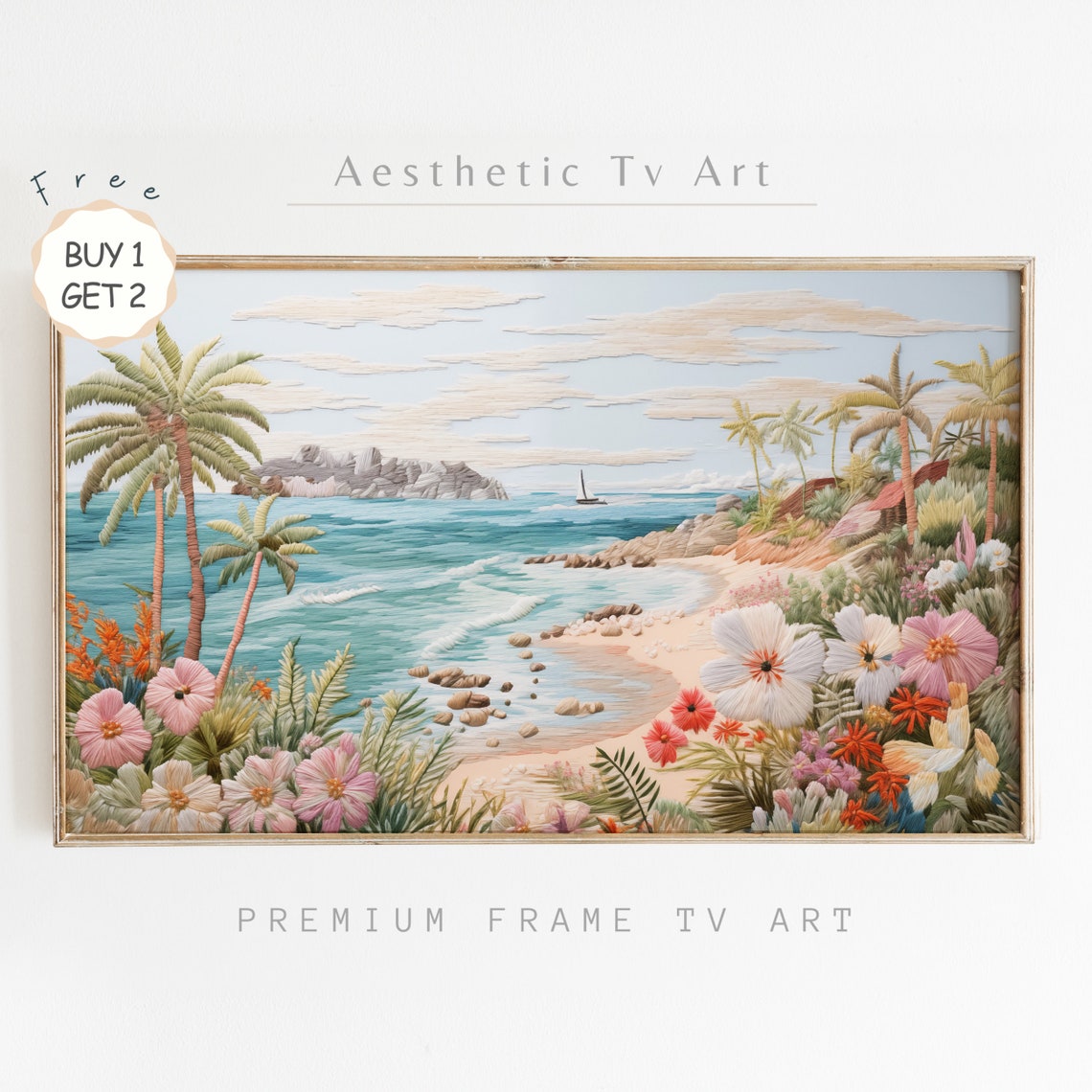 Tropical Beach Embroidery Palms Flowers Stitched Coastal Art Poster