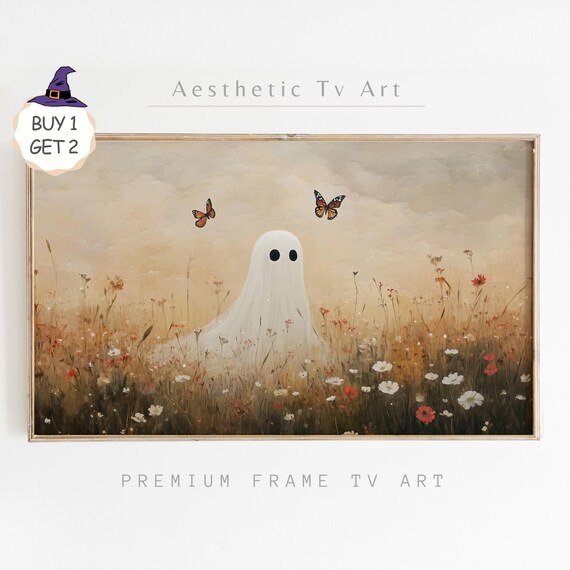 Cute Ghost with Butterflies Wildflower Field Halloween TV Art Poster
