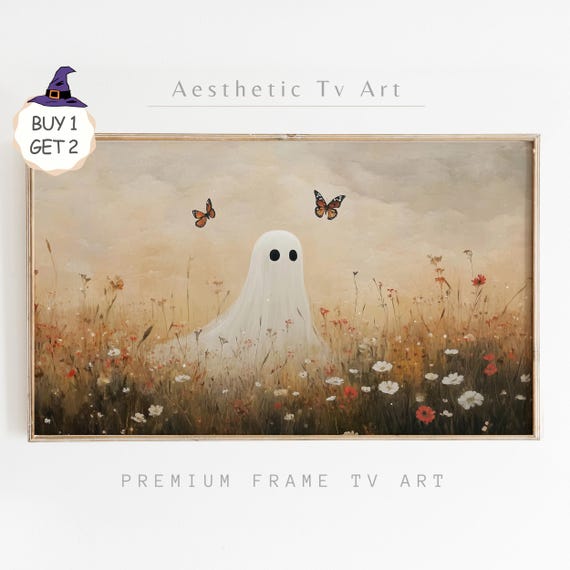Cute Halloween Ghost In Wildflower Field Frame Tv Art Neutral Farmhouse Spooky Autumn Decor Spooky Cottagecore Tv Art