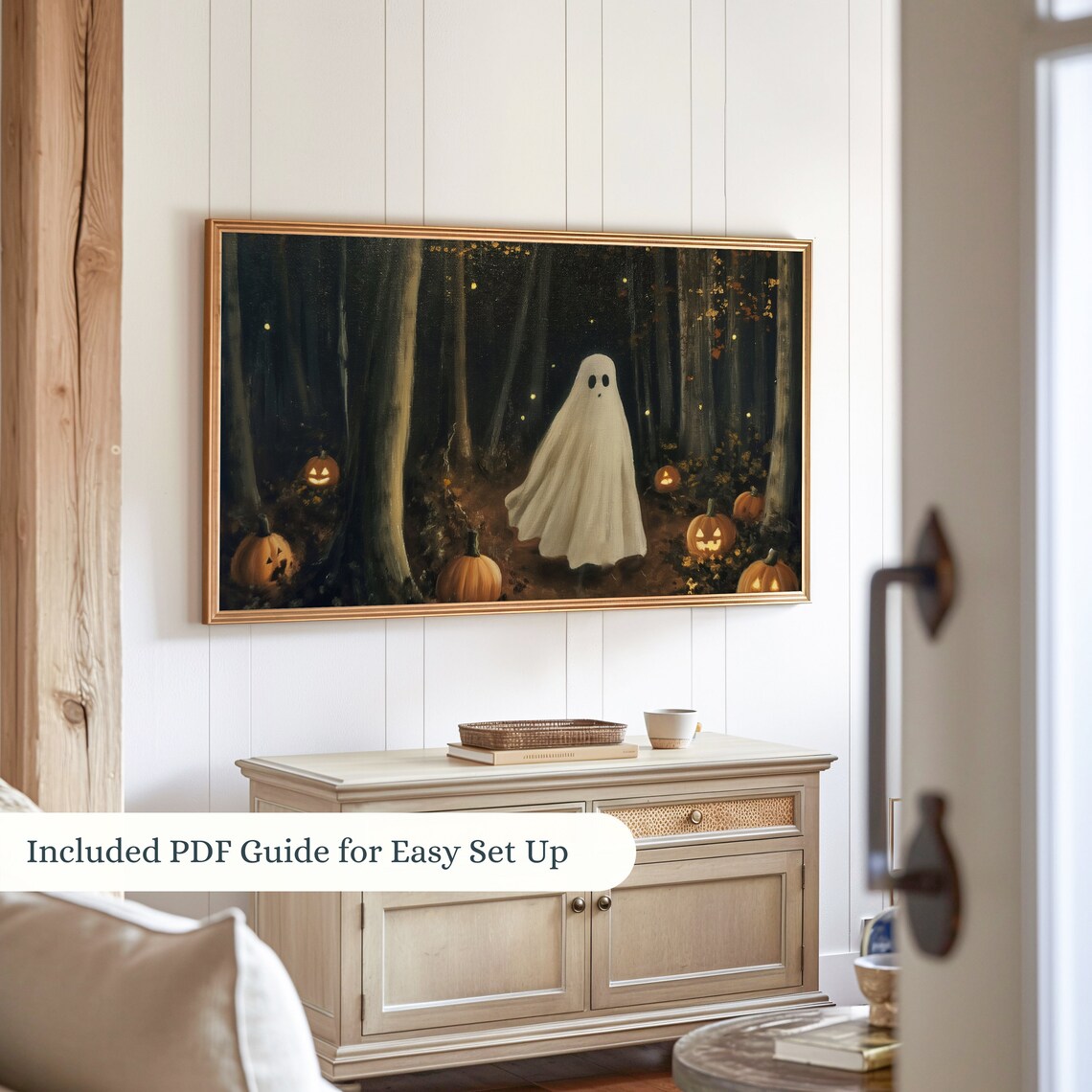Cute Ghost Dark Spooky Forest Jack O Lanterns Pumpkins Halloween Poster - Image 3