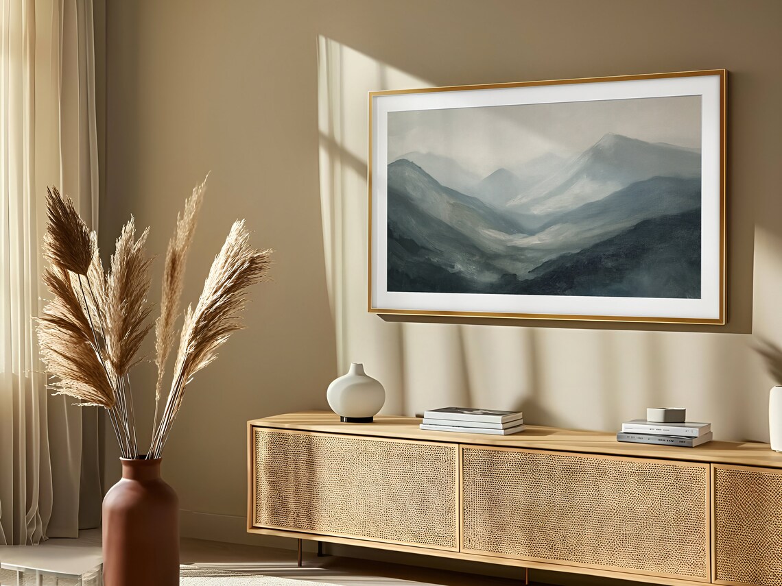 Misty Blue Gray Layered Mountains Foggy Landscape Oil Wall Art - Image 3