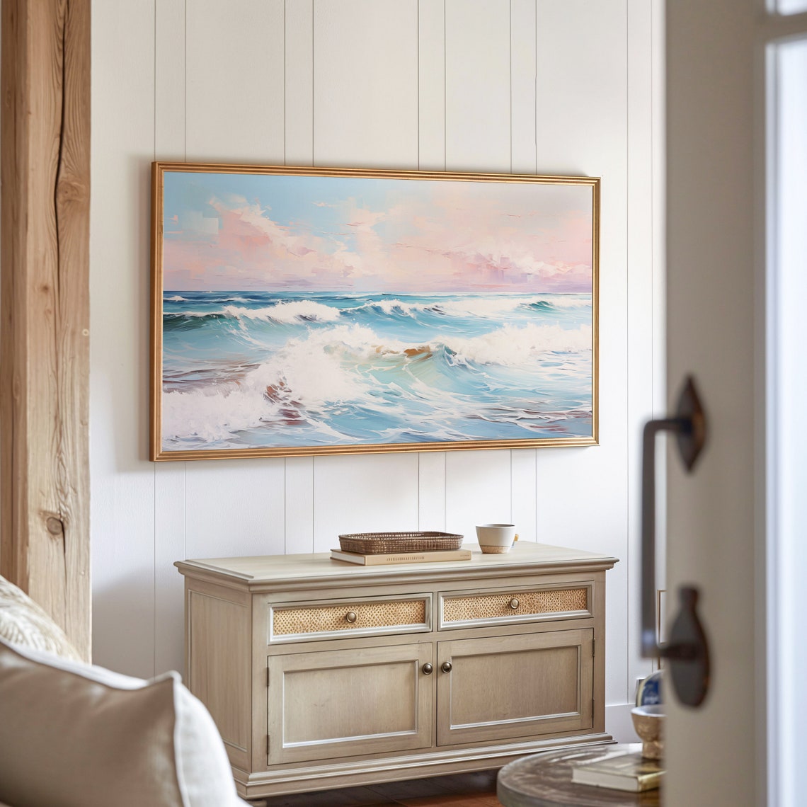 Turquoise Ocean Waves Pink Sunset Sky Foamy Surf Seascape Poster - Image 3