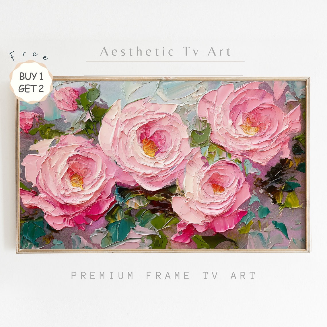 Pink Roses Close Up Textured Impasto Oil Painting Romantic Poster