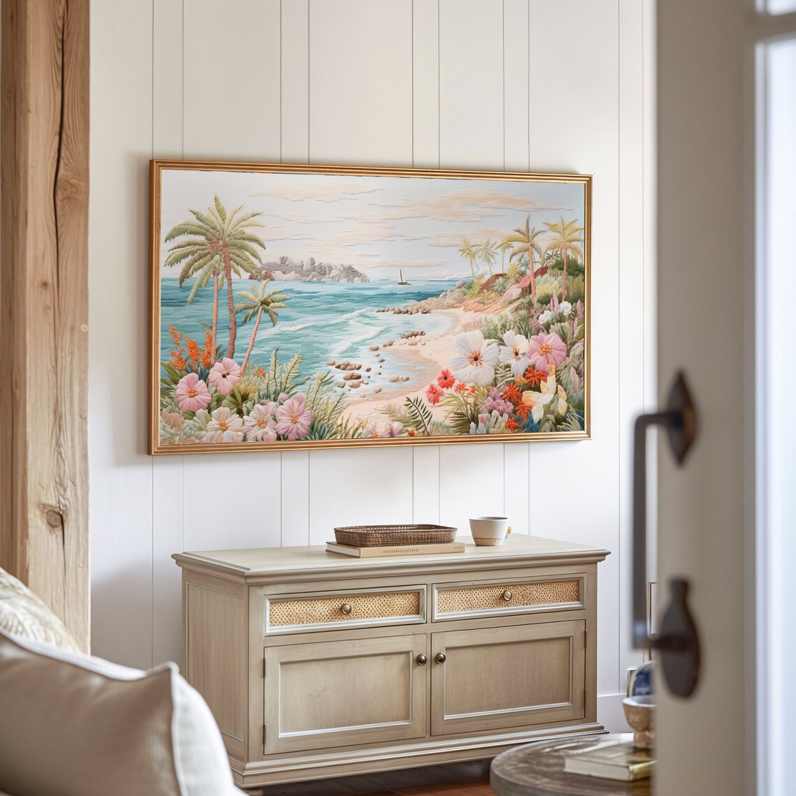 Tropical Beach Embroidery Palms Flowers Stitched Coastal Art Poster - Image 3
