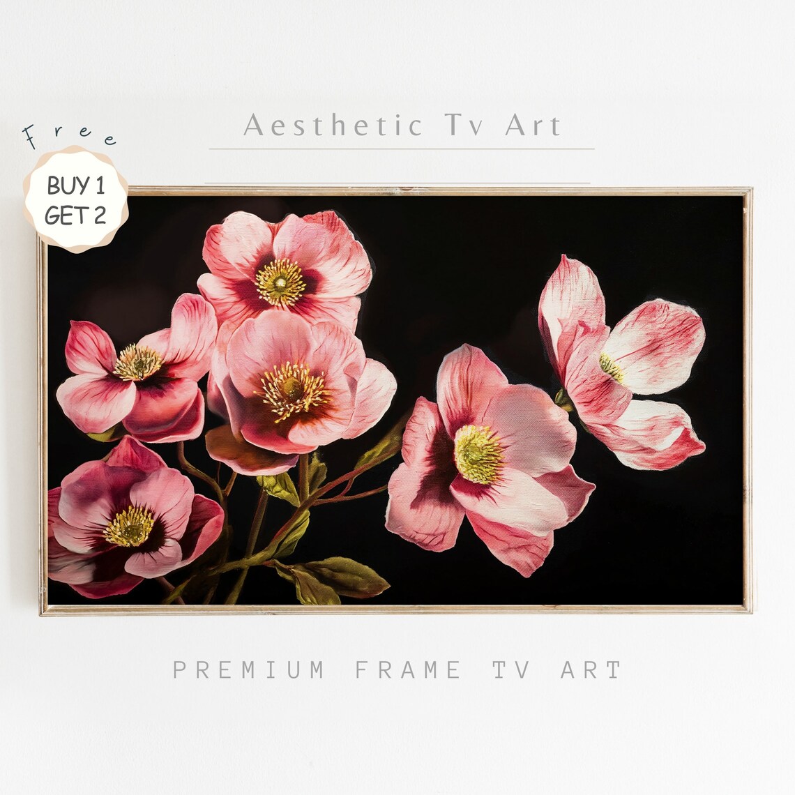 Moody Dark Botanical Pink Flowers Black Background Floral Poster