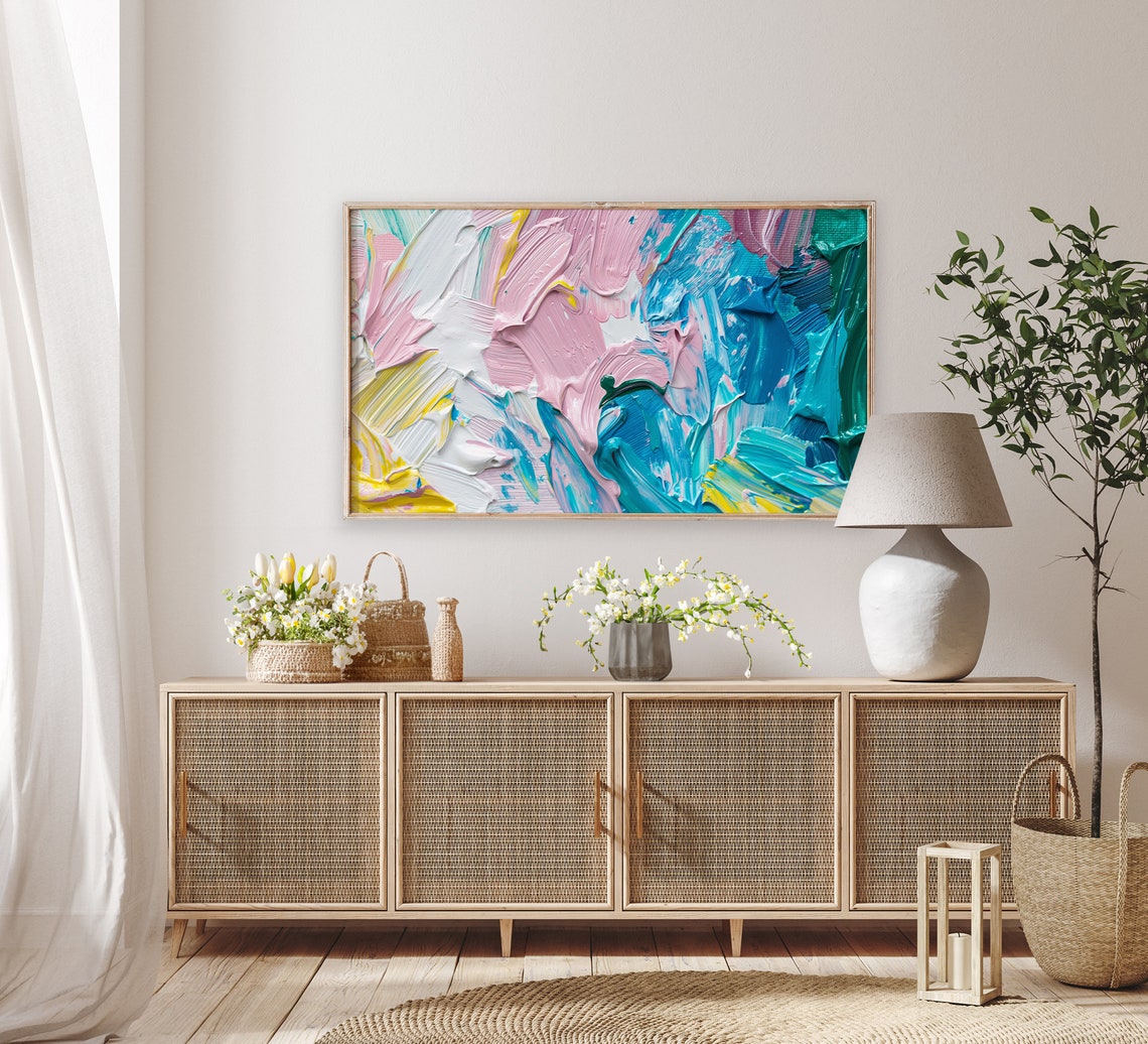 Colorful Abstract Impasto Pink Turquoise Yellow Brushstroke Poster - Image 2
