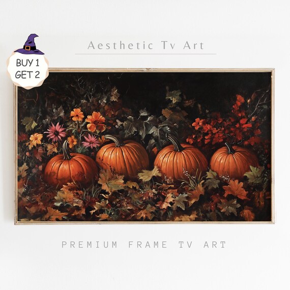Vintage Fall Pumpkins Frame Tv Art Dark Moody Autumn Flowers Painting Botanical Halloween Tv Art Thanksgiving Decor