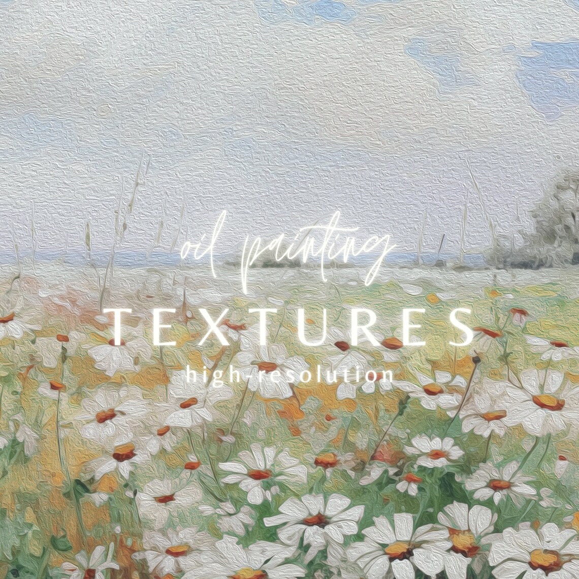 Wild Daisy Meadow Bright Blue Sky Spring Oil Painting Wall Art - Image 2