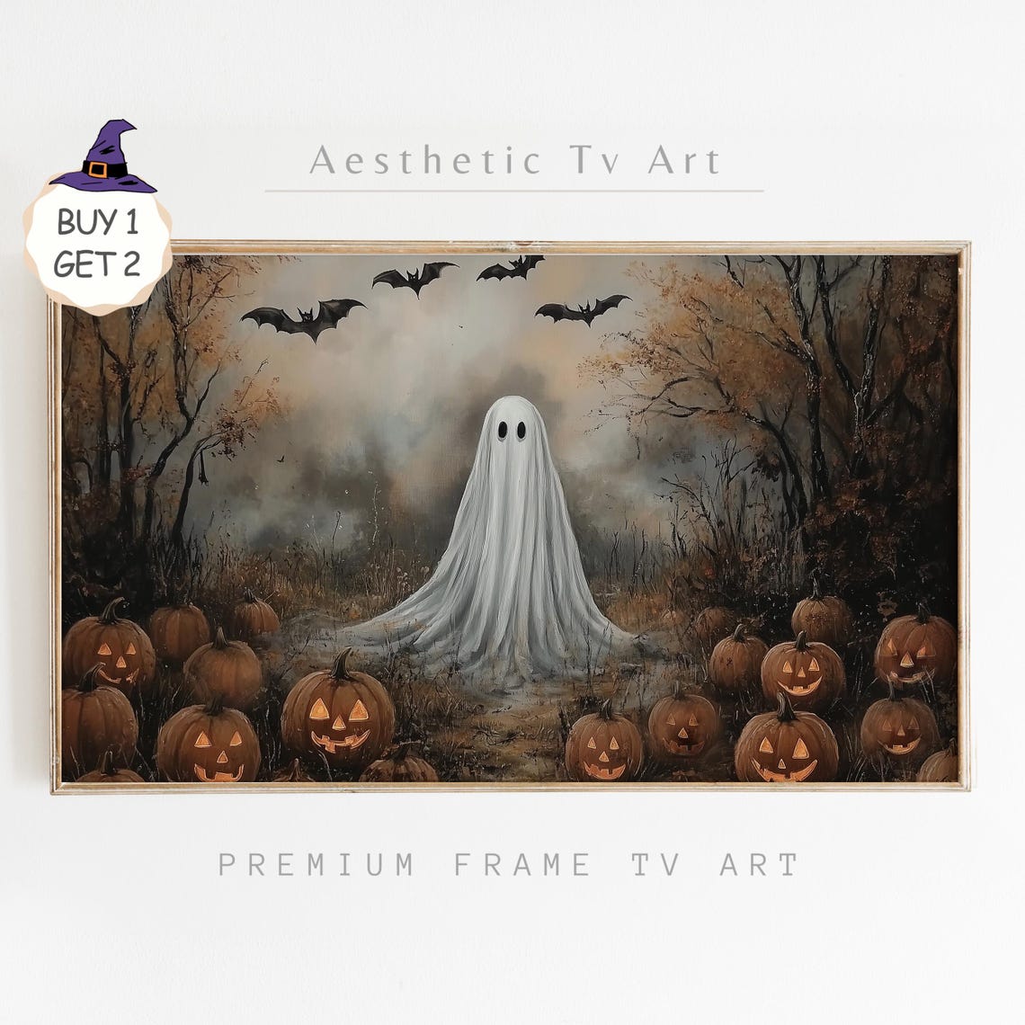 Spooky Ghost in Pumpkin Patch Bats Misty Halloween TV Art Poster