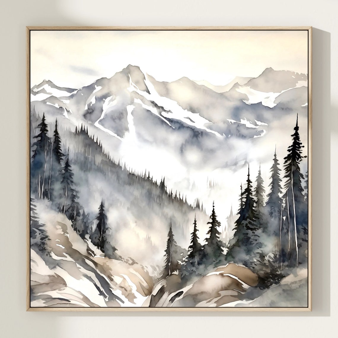 Rocky Mountains Painting Smoky Pine Forest Art Print Foggy Colorado Mountain Landscape Watercolor Art Pine Trees Square Wall Art