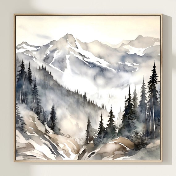 Rocky Mountains Painting Smoky Pine Forest Art Print Foggy Colorado Mountain Landscape Watercolor Art Pine Trees Square Wall Art