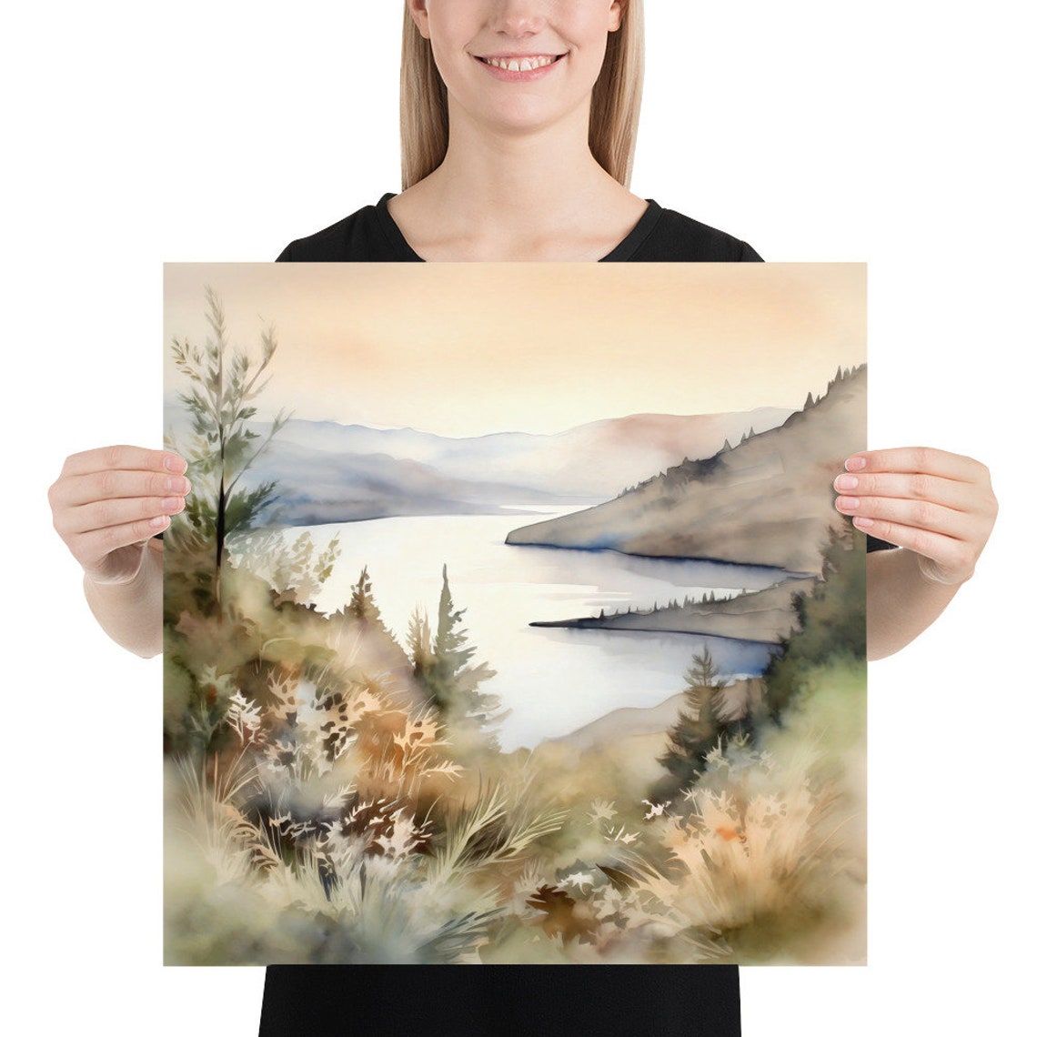 Rustic Lake Painting Print Serene Mountain Landscape Wall Art Home Decor Gift Art - Image 2