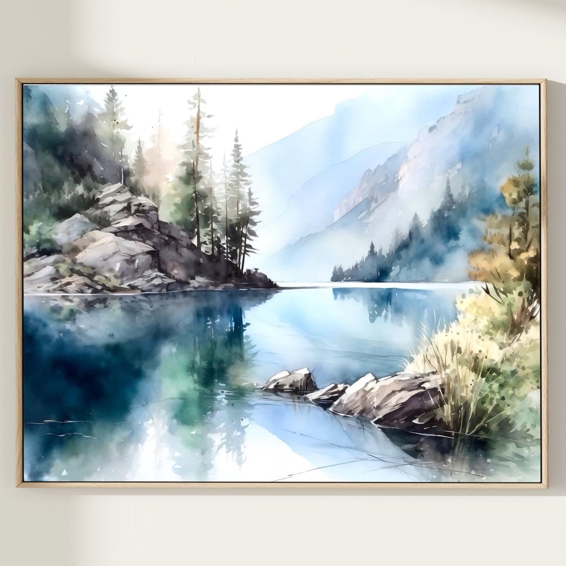 Mountain Landscape Watercolor Painting Art Print Mountain Lake Wall Art Home Decor Gift Art