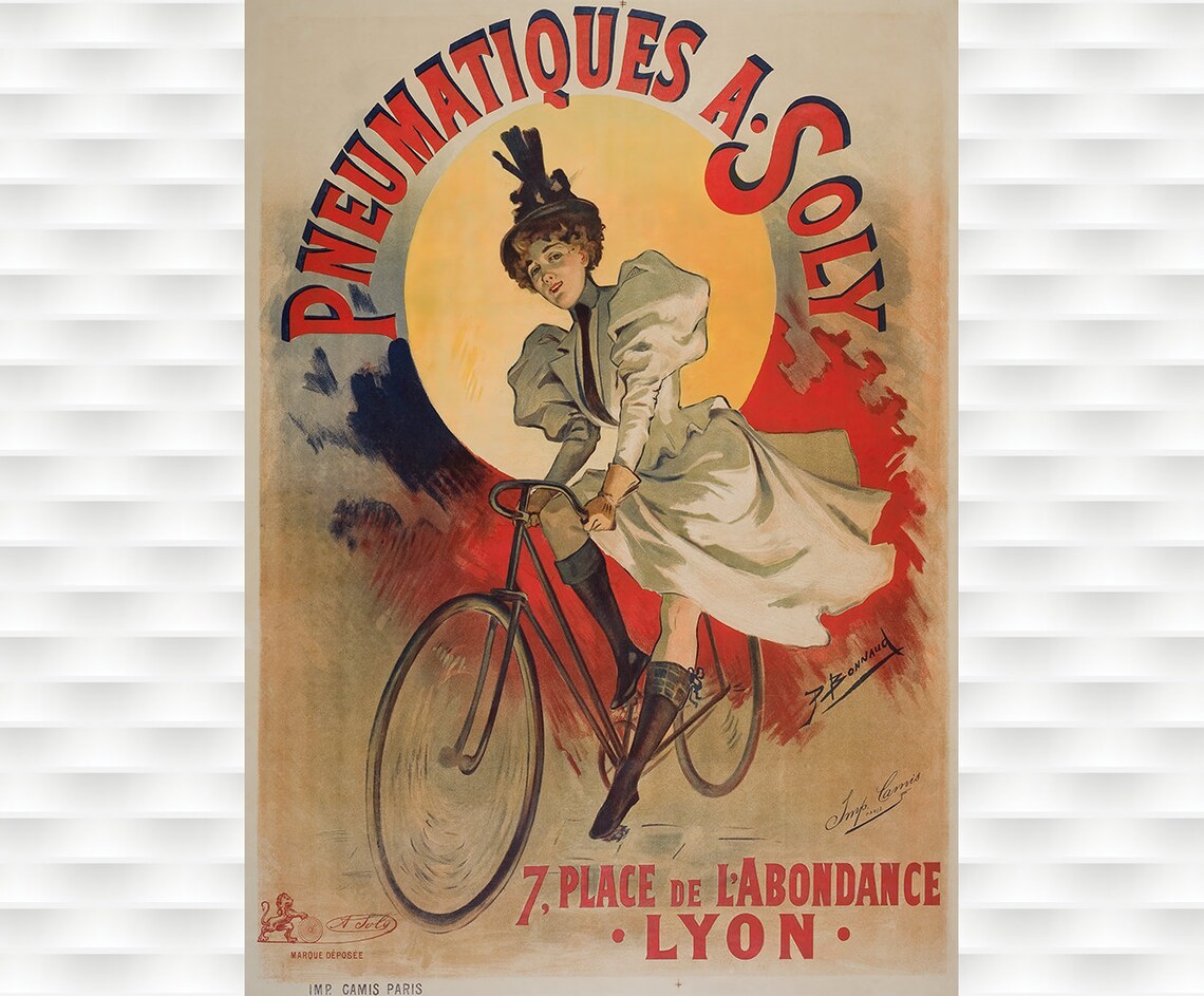 Pneumatiques A. Soly Vintage French Tire Poster Woman Cycling Lyon