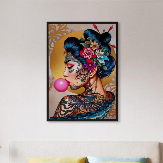 Framed Tattooed Woman Art Print Japanese Style Bubblegum Portrait Poster Colorful Pop Wall Decor Gift For Tattoo Lovers Or Bold Spaces