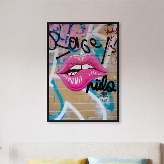 Framed Pink Lips Graffiti Art Print Urban Street Wall Poster With Bold Spray Tags Modern Pop Decor Gift For Lovers Or Youthful Spaces