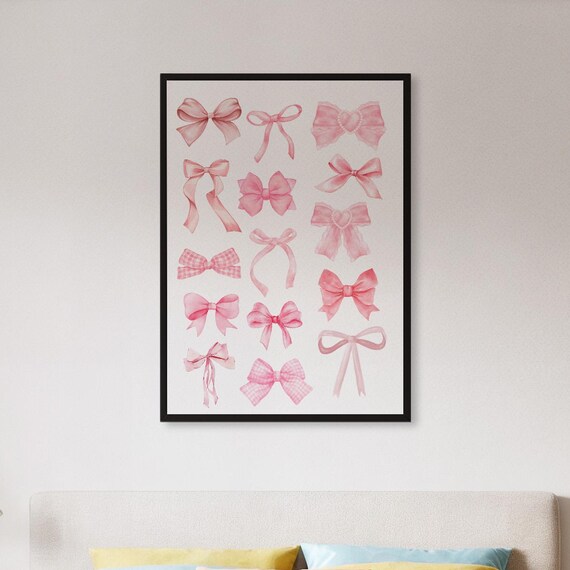 Framed Pink Bow Art Print Watercolor Ribbon Collection Poster Girly Wall Decor For Bedroom Nursery Or Gift Fashion And Lovers