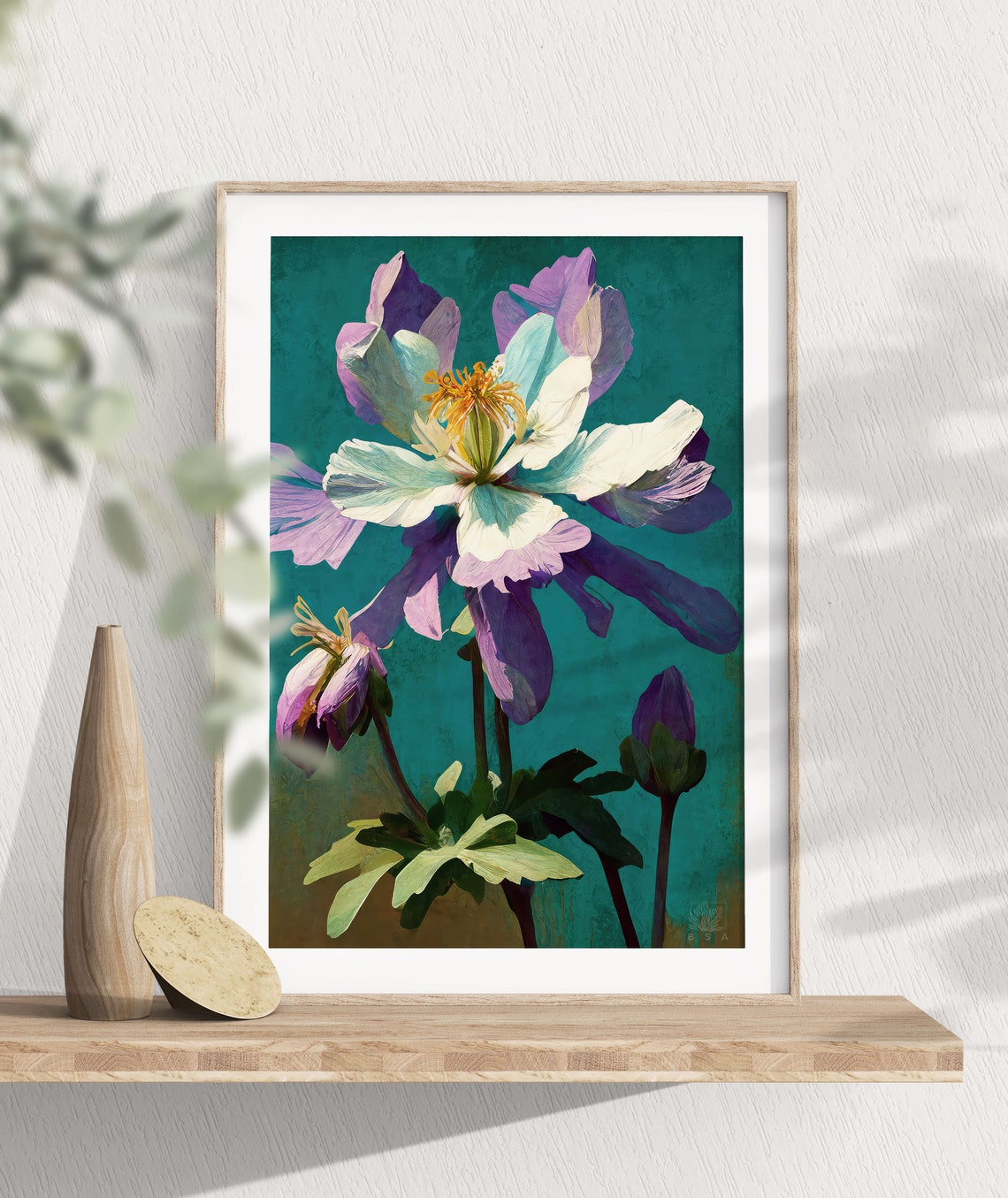 Purple Columbine Flower Painterly Teal Botanical Garden Art Poster