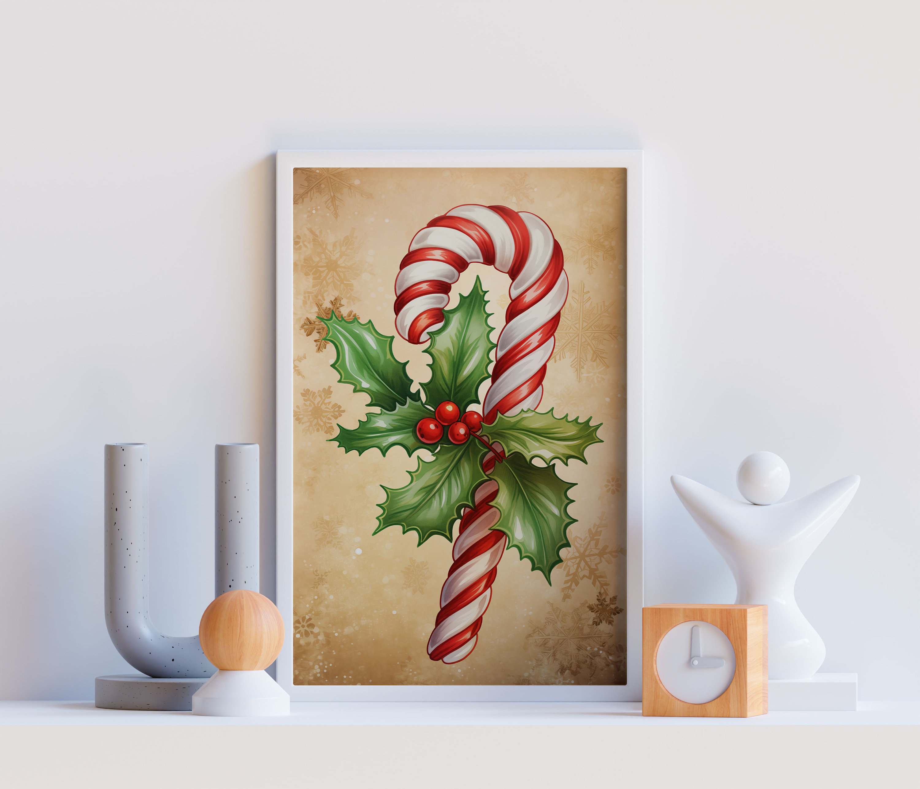 Christmas Candy Cane Holly Sprig Beige Snowflake Festive Sweet Wall Art