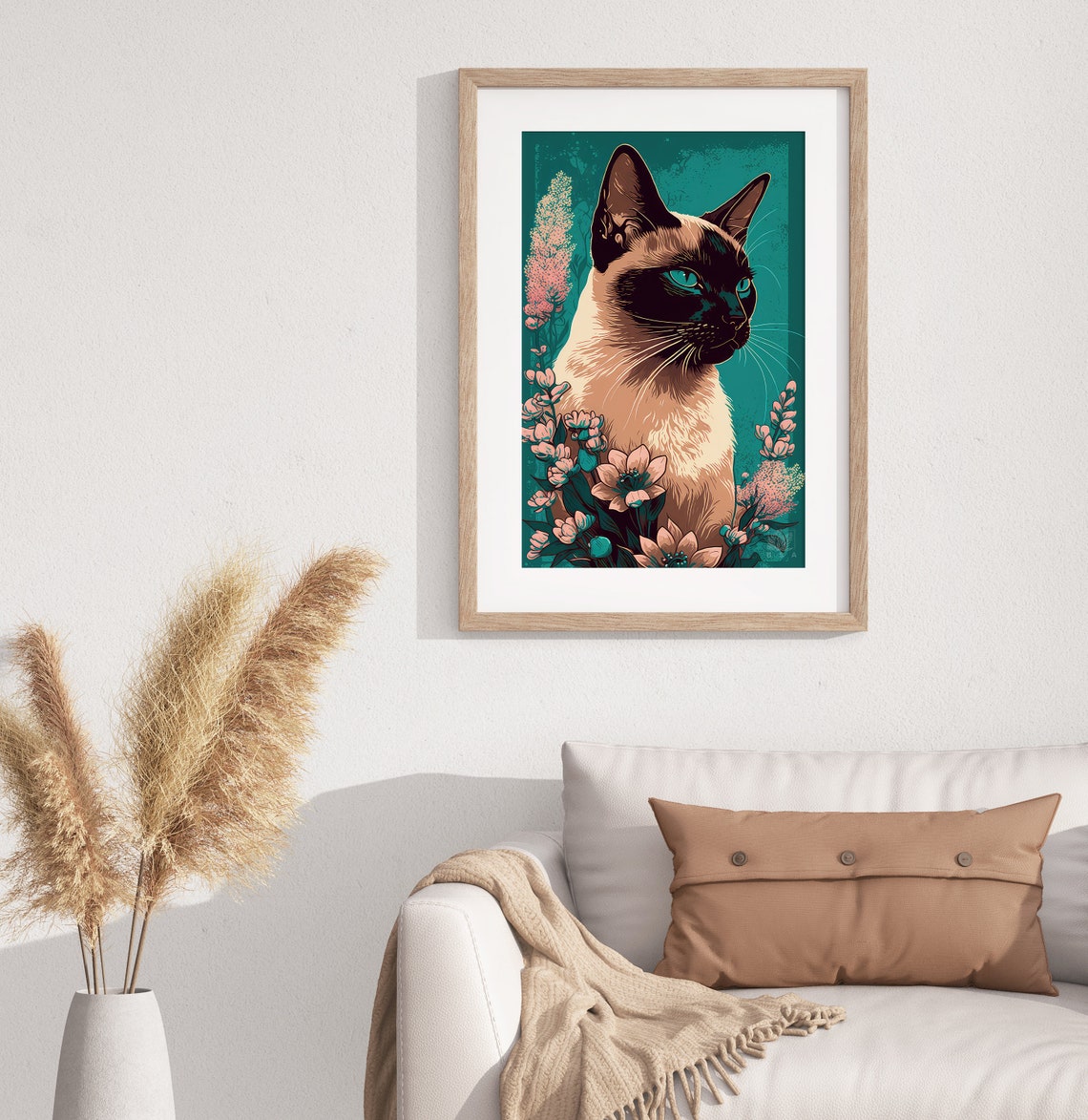 Siamese Cat Floral Portrait Green Eyes Tropical Botanical Poster