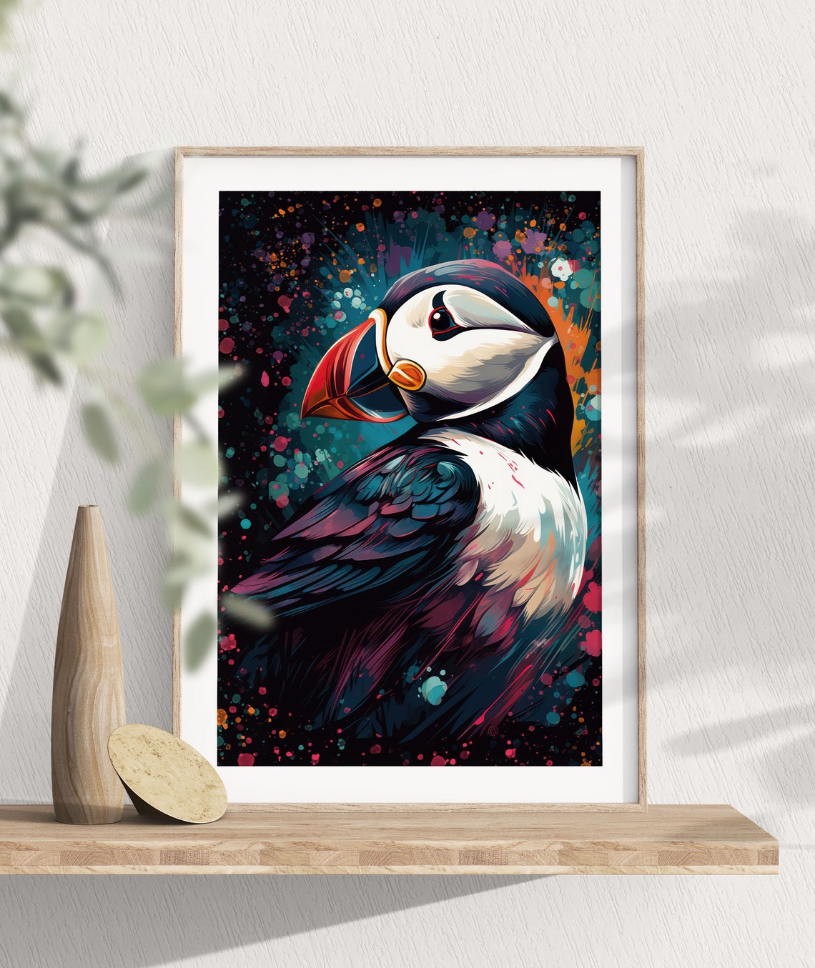 Atlantic Puffin Portrait Poster Colorful Paint Splash Seabird Art - Image 3